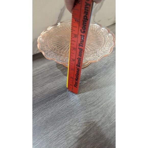 Vintage Pink Depression Glass Cake Stand With Scalloped Edges & Floral Design 9" - Picture 9 of 9